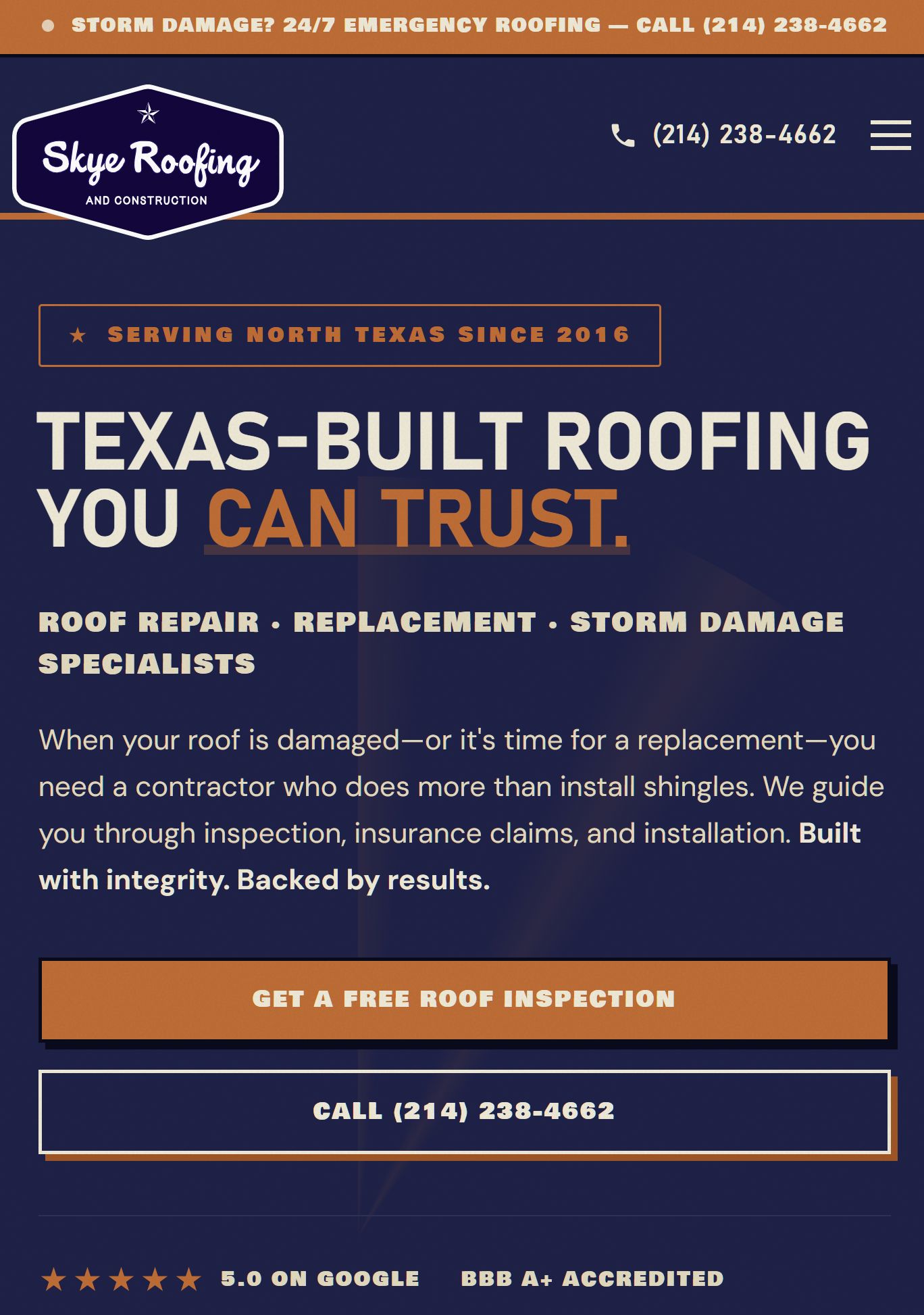 The Skye Roofing & Construction website: navy and orange brand system with the badge logo and the headline 'Texas-built roofing you can trust'